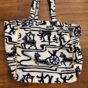 Vintage Nankeen Navy and White Tote with Yellow Accents